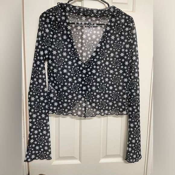 Free People Marne Sheer Black & White Star Tie Front Long Sleeve Crop Blouse - Picture 6 of 12